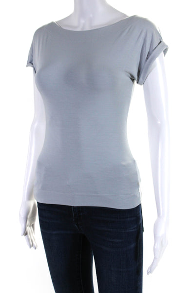 Donna Karan Womens Round Neck Cuffed Short Sleeve Pullover T-Shirt Blue Size P