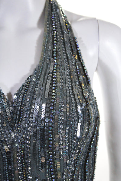 Elie Saab Womens Embroidered Sequined Hook & Loop Zip Gown Blue Size EUR36