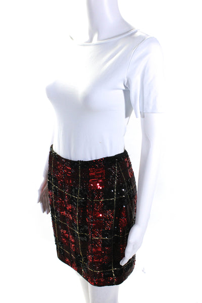 Designer Womens Beaded Sequin Plaid Mini Pencil Skirt Red Black Size 8