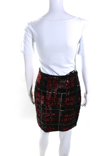 Designer Womens Beaded Sequin Plaid Mini Pencil Skirt Red Black Size 8