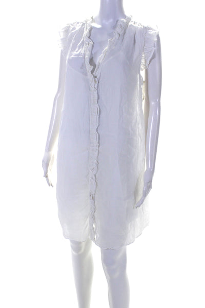 Frame Womens Ruffle Trim V Neck Sleeveless Shift Dress White Ramie Size XL