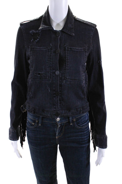 McGuire Womens Denim Button Down Fringe Jacket Black Size Extra Small