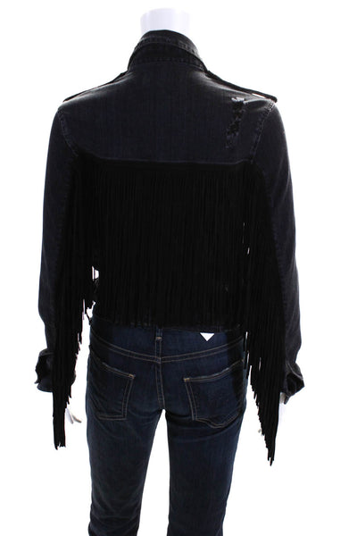 McGuire Womens Denim Button Down Fringe Jacket Black Size Extra Small