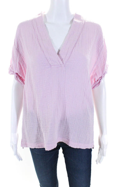 Xirena Womens Cotton Gauze V-Neck Ruched Short Sleeve Blouse Top Pink Size L