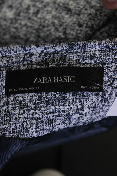 Zara Womens Tweed Twisted Hook Closure Mid Length Jacket Blazer Blue Size XL