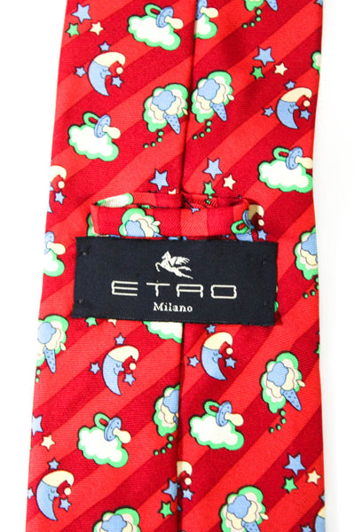 Etro Mens Silk Striped Cloud Print Necktie Red