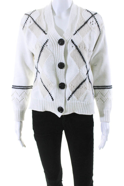 Dorothee Schumacher Womens Cotton Button Up Argyle Cardigan Sweater White Size 2