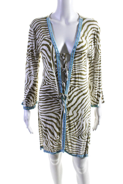 Letarte Womens Zebra Stripe Beaded Tie Front Cover Up White Olive Size Small