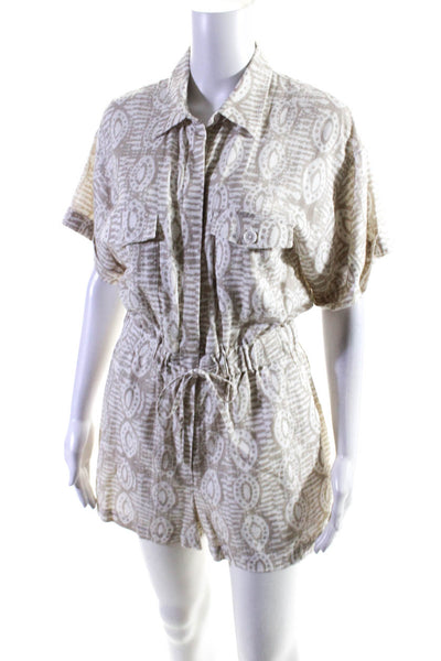 Intermix Womens Abstract Woven Button Up Romper Beige White Size 4