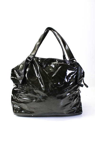 Salvatore Ferragamo Womens Patent Leather Zipper Duffel Shoulder Handbag Black