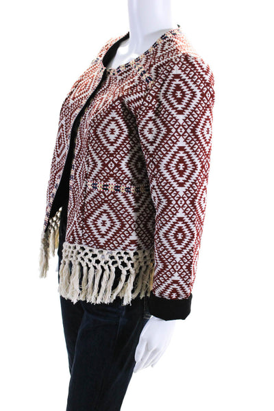 Tularosa Womens Open Front Crochet Trim Ikat Jacket Red White Multi Size Medium