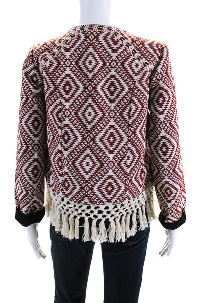 Tularosa Womens Open Front Crochet Trim Ikat Jacket Red White Multi Size Medium