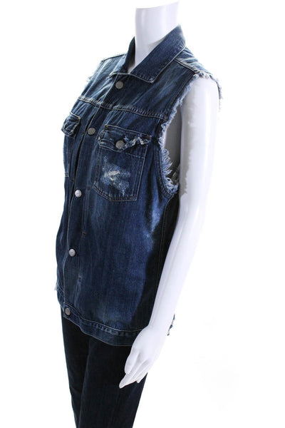 Citizens of Humanity Womens Button Front Distressed Jean Vest Jacket Blue Large