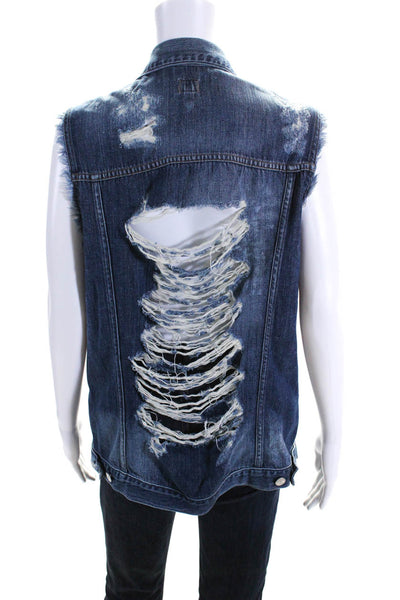 Citizens of Humanity Womens Button Front Distressed Jean Vest Jacket Blue Large