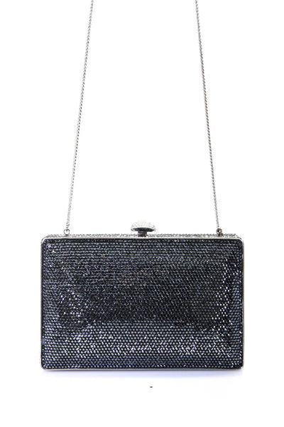 Judith Leiber Womens Framed Crystal Evening Clutch Handbag Silver Tone Black