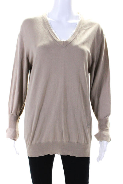 McQ Womens Long Sleeves Pullover V Neck Sweater Beige White Size Large