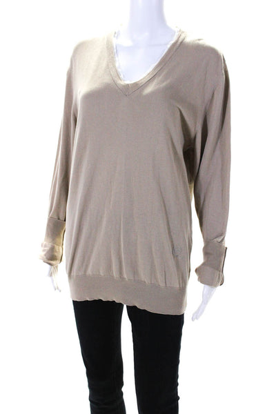 McQ Womens Long Sleeves Pullover V Neck Sweater Beige White Size Large