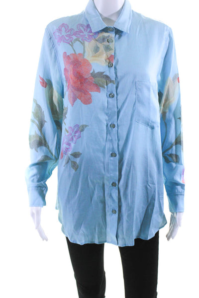 The Kit Womens Striped Floral Print Buttoned Collared Blouse Top Blue Size L