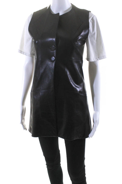 Shamask Womens Leather Sleeveless Round Neck Vest Black Size 8