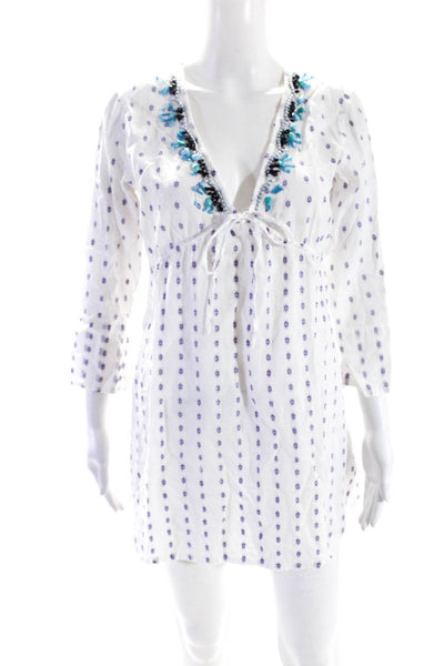 Antica Sartoria Women's Embellished 3/4 Sleeve V Neck Mini Dress White Size M