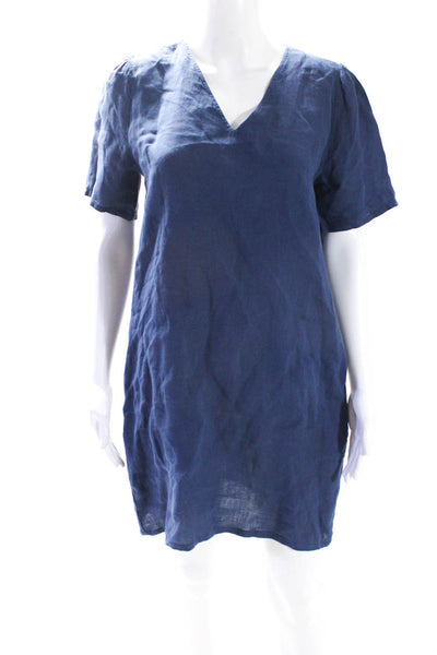 Hartford Women's Short Sleeve V Neck Linen Shift Dress Blue Size 2