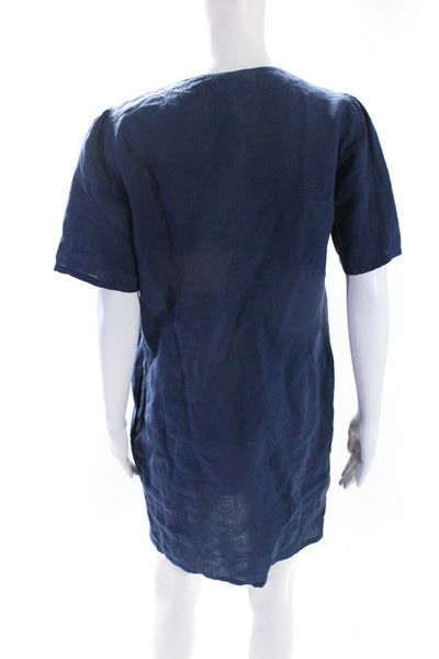 Hartford Women's Short Sleeve V Neck Linen Shift Dress Blue Size 2