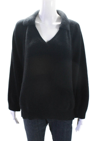 Loulou Studio Womens Black Wool Collar V-Neck Long Sleeve Sweater Top Size M