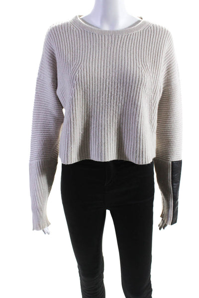 Autumn Cashmere Womens Faux Leather Patch Crew Neck Sweater Ivory Size Small