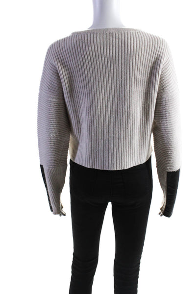Autumn Cashmere Womens Faux Leather Patch Crew Neck Sweater Ivory Size Small