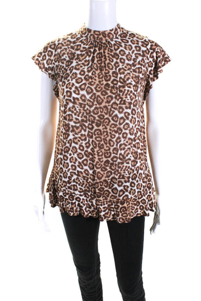 Zimmermann Womens Short Sleeve Leopard Print Ruffle Trim Blouse Brown Size 0