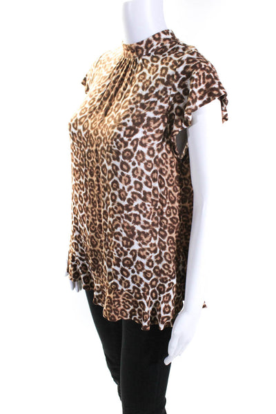 Zimmermann Womens Short Sleeve Leopard Print Ruffle Trim Blouse Brown Size 0