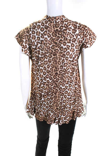 Zimmermann Womens Short Sleeve Leopard Print Ruffle Trim Blouse Brown Size 0