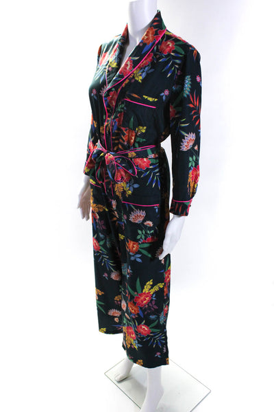 Le Superbe Womens Floral Print Button Up Long Sleeve Belted Jumpsuit Blue Size 4