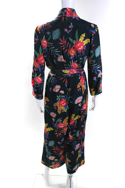 Le Superbe Womens Floral Print Button Up Long Sleeve Belted Jumpsuit Blue Size 4