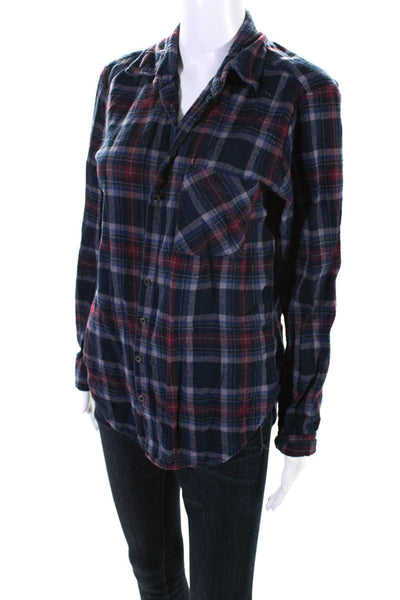 Xirena Womens Long Sleeve Plaid Flannel Button Up Shirt Blouse Navy Red Size XS