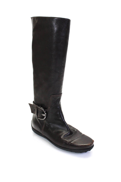 Tods Womens Leather Flat Buckle Detailed Knee High Boots Dark Brown Size 8.5