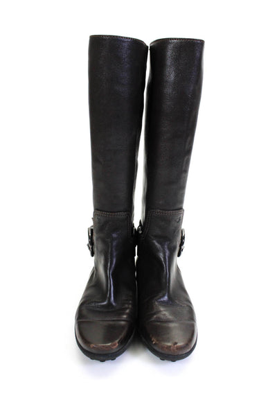 Tods Womens Leather Flat Buckle Detailed Knee High Boots Dark Brown Size 8.5