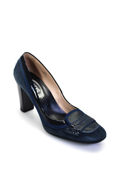 Tods Womens Patent Leather Suede Square Toe High Heels Pumps Blue Size 9.5