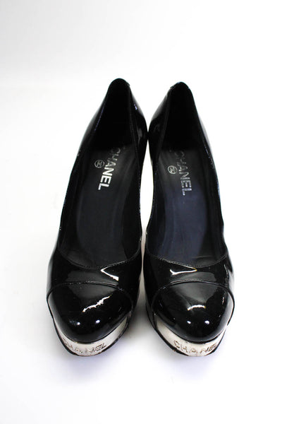 Chanel Womens Patent Leather Cap Toe Platform Pumps Black Silver Tone Size 10.5