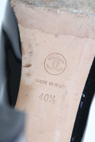 Chanel Womens Patent Leather Cap Toe Platform Pumps Black Silver Tone Size 10.5