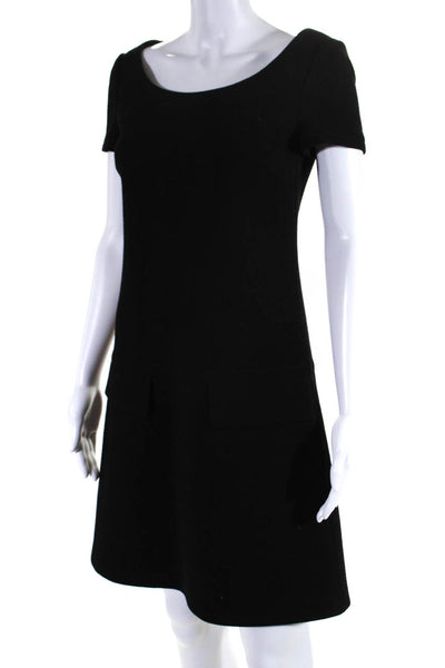 Prada Womens Back Zip Short Sleeve Scoop Neck Shift Dress Black Wool Size IT 38
