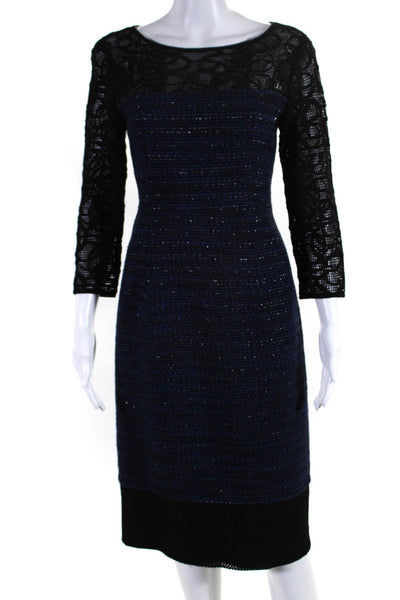4C Womens Tweed Long Sleeves Sheath Midi Dress Blue Black Size 4