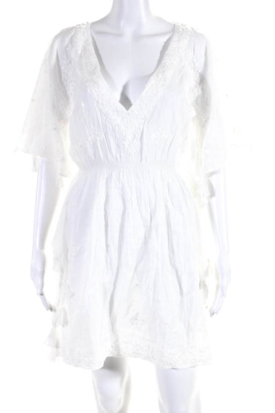 Letarte Womens Embroidered Tassel V Neck Bat Wing Dress White Size Medium