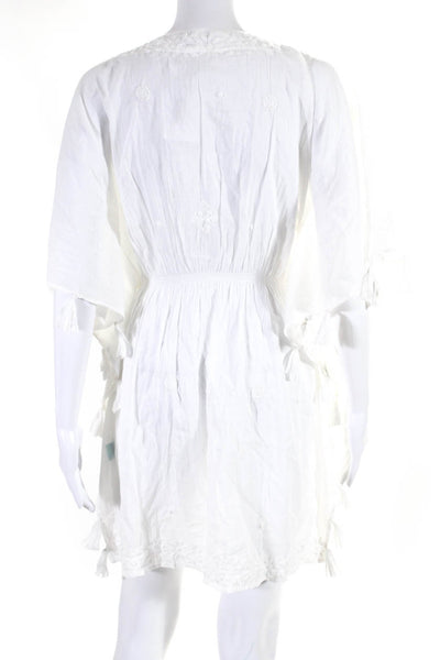 Letarte Womens Embroidered Tassel V Neck Bat Wing Dress White Size Medium