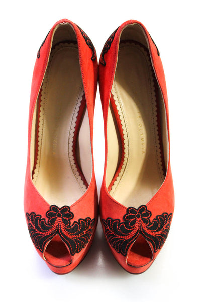 Charlotte Olympia Womens Embroidered Peep Toe Stiletto Heels Red Size EUR36