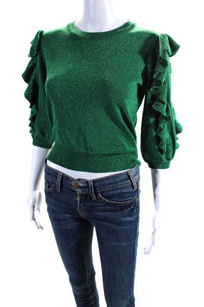 Zara Womens Metallic Knit Ruffled Long Sleeve Crew Neck Sweater Green Size S