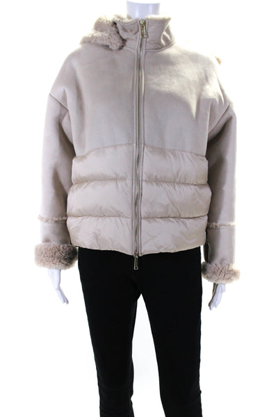 Marella Sport Women's Hood Long Sleeves Full Zip Puffer Coat Beige Size 8