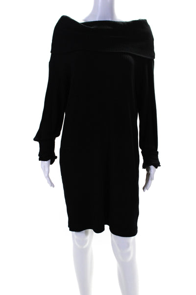 Velvet Women's Cowl Neck Long Sleeves Ribbed Mini Sweater Dress Black Size S