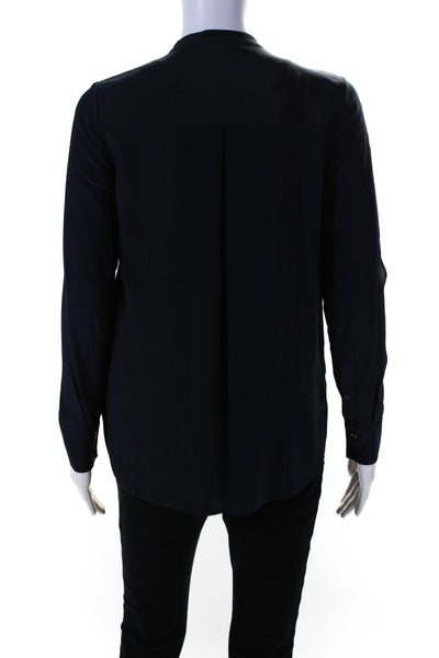 Vince Womens 100% Silk Long Sleeved Round Neck Buttoned Shirt Navy Blue Size 0