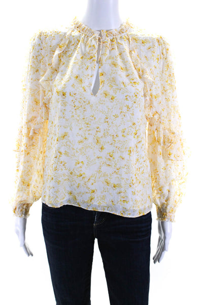 Intermix Womens Chiffon Floral Printed Ruffled V-Neck Blouse Top Yellow Size 4